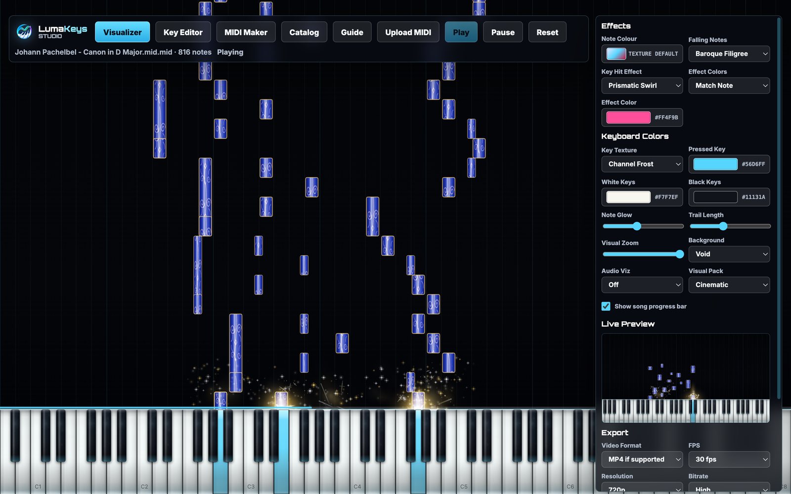 LumaKeys playing Canon in D with notes rendered in the Baroque Filigree material