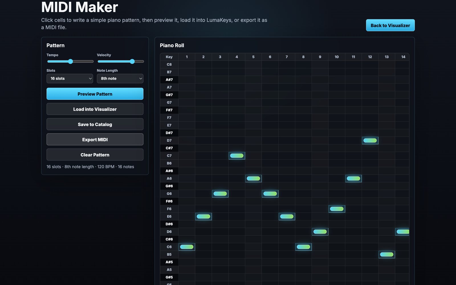 The LumaKeys MIDI Maker piano roll
